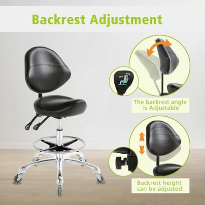 Saddle Stool Chair with Wheels,Ergonomic Swivel Rolling Height Adjustable for Salon Beauty Clinic Dentist Tattoo Home Office - color: Black, size: With Backrest