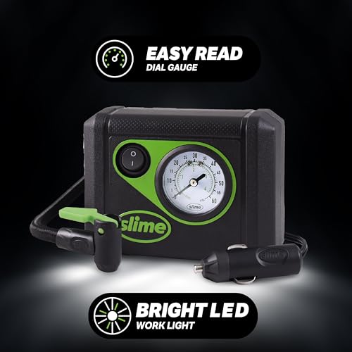Slime 40059 Tire Inflator, Junior, Compact, Powerful, Portable Car Air Compressor, Lightweight, Analog, Flat Tire Repair, 12V, 12 min Inflation - style: Junior