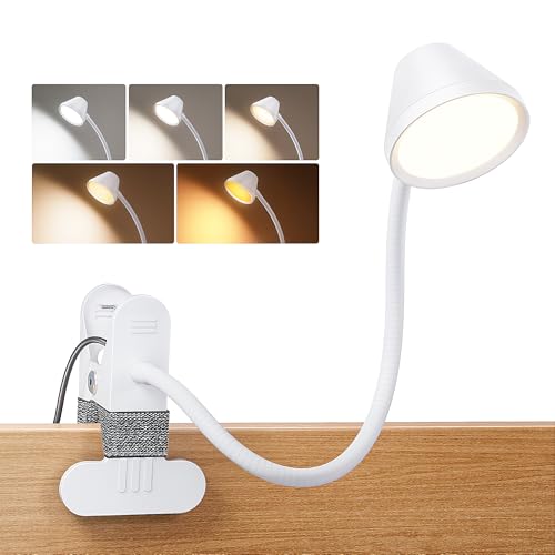 LEPOWER Clip on Light, Reading Lights for Books in Bed, 400LM, RG0 Eye-Care | 5 Colors & Stepless Dimming, Amber Glow Light & Auto Timer, Up to 2.3" Strong Clamp with Adapter for Headboard, Bedside, Desk - color: White