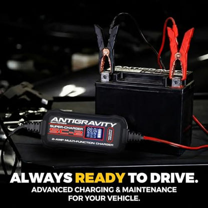 Antigravity Super-Charger – 2-Amp 6V/12V Multi-Function Battery Charger & Maintainer for Lithium (LiFePO4) and Lead/Acid Batteries, LCD Display, Auto Winter Mode, Recondition Feature