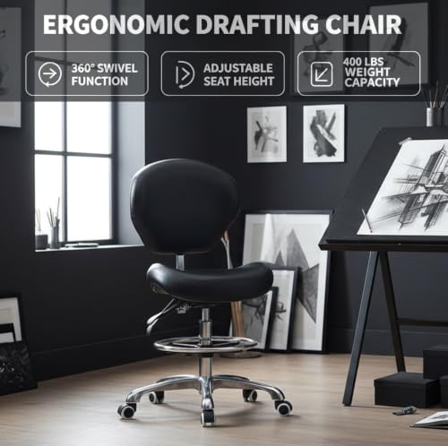 Kaleurrier Office Drafting Chairs with Backs,Adjustable Height | Ergonomic,Heavy Duty Drafting Stool with Wheels,for Art Studio Standing Desk Kitchen Garage Shop Office Dental Hair Salon - color: Black