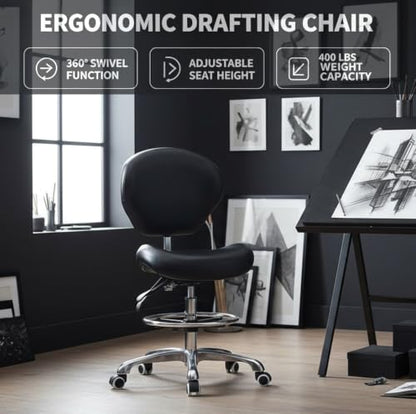 Kaleurrier Office Drafting Chairs with Backs,Adjustable Height | Ergonomic,Heavy Duty Drafting Stool with Wheels,for Art Studio Standing Desk Kitchen Garage Shop Office Dental Hair Salon - color: Black