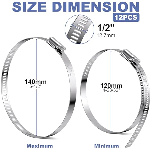12Pack 5 inch Hose Clamps,Stainless Steel Large Hose Clamp Adjustable from 4-23/32"-5-1/2"/120-140mm,Metal Worm Gear Duct Clamp for Dryer Vent Hose,Fuel Line,Plumbing,Automotive,Exhaust,Radiator - size: 5 inch (4-23/32" - 5-1/2")
