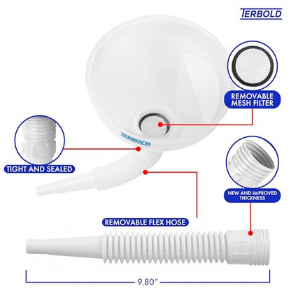 Automotive Flex Funnel with Hose | Wide Mouth Flexible Oil Funnel for Automotive Use - Gas, Transmission Fluid, Car Fuel, Oil Change (White) - color: White