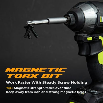 Torx Bit Set T10–T40, 10 PCS 2" Star Screwdriver Set + 2-3/8" Magnetic Drill Bit Holder, 1/4" Hex, S2 Steel CNC Precision Tips, Impact Driver/Drill Compatible - size: T-MIX
