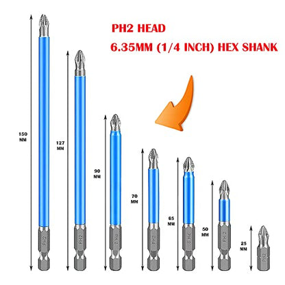 Magnetic Screwdriver Bit Set 7pcs Anti Slip Screwdriver Bits Set 1/4 Inch Hex Shank S2 Steel Phillips Cross Slot PH2 Screwdriver Bits Mixed Length(25MM/50MM/65MM/70MM/90MM/127MM/150MM) - color: Ph2-mixed Length(7 Pcs)