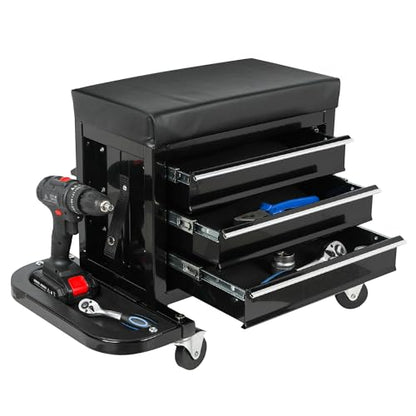 Rolling Stool Mechanic Creeper Shop Stools with Wheels Rolling Tool Chest with 3 Drawers and 2 Fold-Down Side Trays, Universal Wheels and Seat Cushion for Garage, Black