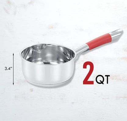 Concord 2 Quart Stainless Steel Saucepan with SIMPLE POUR Vented Glass Lid. Features Dual Pouring Spouts and Volume Marking. Perfect for making Sauces, Jam, Ramen, and more - size: 2 QT