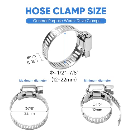TICONN 24PCS Hose Clamp Set - 1/2''–7/8'' 304 Stainless Steel Worm Gear Hose Clamps for Pipe, Intercooler, Plumbing, Tube and Fuel Line (12–22 mm) - size: SAE #6 24PCS 1/2''~7/8"