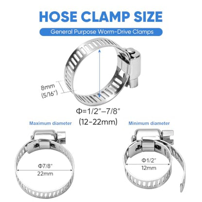 TICONN 24PCS Hose Clamp Set - 1/2''–7/8'' 304 Stainless Steel Worm Gear Hose Clamps for Pipe, Intercooler, Plumbing, Tube and Fuel Line (12–22 mm) - size: SAE #6 24PCS 1/2''~7/8"