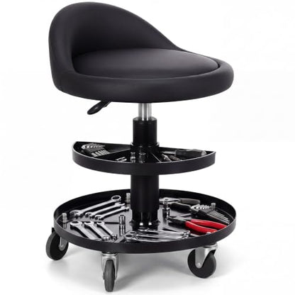 Sintuff Rolling Mechanic Stool, 16-21.6 in Adjustable Height Garage Stool with 2 Tier Tool Tray, 300 Lbs Capacity Padded Shop Seat with 360° Wheels, Black PU Leather Chair for Auto Repair and Workshop