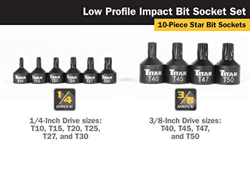 Titan 16142 10-Piece Low Profile Impact Star Bit Socket Set - size: Low Profile Star Impact