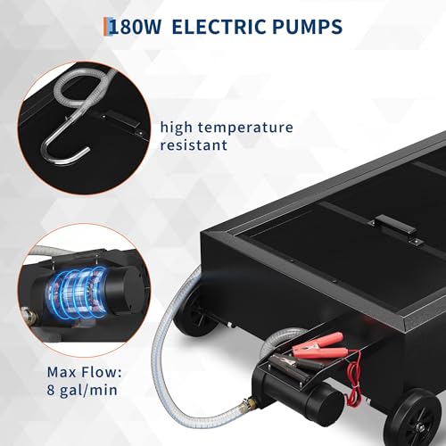 Garvee 20-Gallon Low Profile Oil Drain Pan Electric Pump, Casters - Black | Low profile design fits easily under vehicles; Built-in electric pump with 6.5ft hose for easy draining; Lockable casters