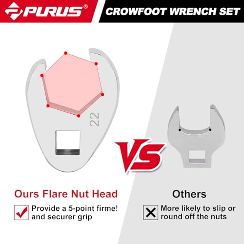 PURUS 10-Piece Metric 3/8" Drive Flare Nut Crowfoot Wrench Set (10-22mm), Innovative 5-Point Full-Contour Design for Tight Automotive & Plumbing Spaces, Custom Tool-Tray EVA Foam Organizer Included