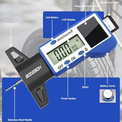 GODESON Digital Tire Tread Depth Gauge – 3 Modes-Fraction/Inch/MM Display, Solar & Battery Hybrid,1” (25.4mm/32NDS) Range, Blue Tire Wear Measure Tool for All Vehicles (Car, Truck, SUV) - style: IN/MM/FRAC - Blue
