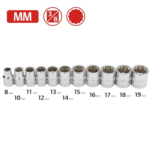 Ingersoll Rand 11-Piece 3/8-Inch Drive Metric Shallow Socket Set, 12-Point (8–19mm), Chrome Vanadium Steel, Mirror-Polish Finish, with Thermoform Organizer Tray – 752047X - size: 3/8 in. Drive Shallow Socket Set, style: Metric
