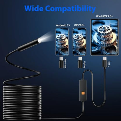 Endoscope Camera with Light, 1920P HD Borescope Tools with 8 Adjustable LED Lights, 32.8FT Semi-Rigid Snake Cord IP67 Waterproof Inspection Camera for iPhone, iPad, iOS and Android Phone - size: 32.8FT, style: Single Lens
