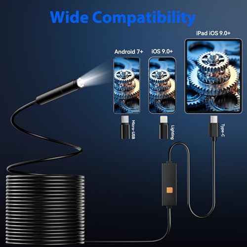 Endoscope Camera with Light, 1920P HD Borescope Tools with 8 Adjustable LED Lights, 32.8FT Semi-Rigid Snake Cord IP67 Waterproof Inspection Camera for iPhone, iPad, iOS and Android Phone - size: 32.8FT, style: Single Lens