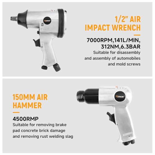 Hoteche 71-Piece Air Tool Kit | 1/2" Single-Hammer Air Impact Wrench (7000RPM), 1/2" Air Ratchet Wrench & Multiple Tools, Blow-Molded Case