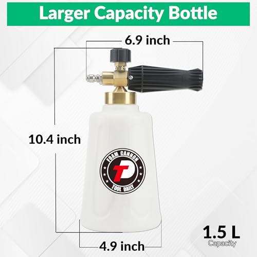 Tool Daily Foam Cannon for Pressure Washer with Car Wash Soap, 64 Fl Oz | Adjustable Snow Foam Lance 1.5 Liter, Additional Orifice Nozzle 1.1mm, 1/4" Quick Connect