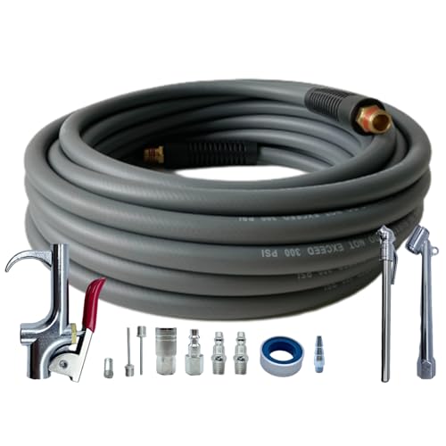 Air Hose 1/4 in x 30 ft, Hybrid Air Compressor Hose Kit with 1/4 in NPT Male Threads, 13 Piece Air Tool & Air Compressor Accessories Kit, Bend Restrictors, 300 PSI (Grey, 30FT-13 Pieces) - color: Gray