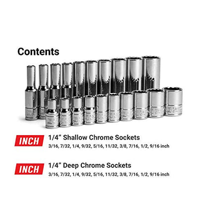 Capri Tools 1/4 in. Drive 12-Point Shallow and Deep Socket Set, SAE, 3/16 to 9/16 in, SAE, 20-Piece - size: Shallow & Deep Set / 3/16-9/16 in.