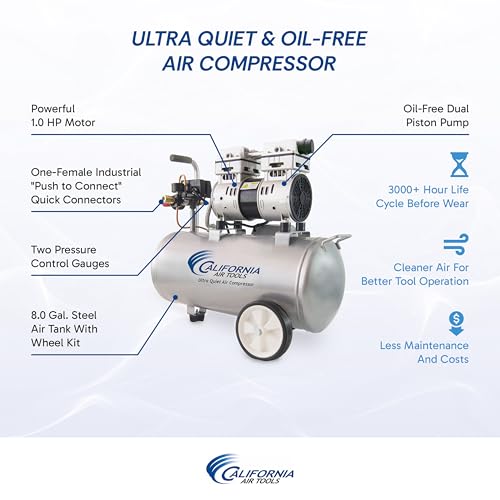 California Air Tools 8010 1.0 HP Ultra Quiet and Oil-Free Air Compressor, 8 Gallon Steel Tank, Lightweight with Wheels, 60 dBA Noise Level | 1.0 HP, 8 Gallon Steel Tank, Lightweight with Wheels, 60 dBA Noise Level - style: 8 Gallon Steel, Wheels