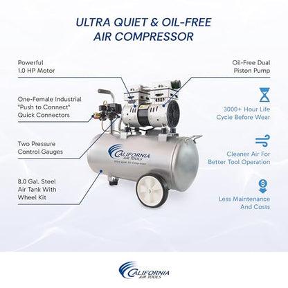 California Air Tools 8010 1.0 HP Ultra Quiet and Oil-Free Air Compressor, 8 Gallon Steel Tank, Lightweight with Wheels, 60 dBA Noise Level | 1.0 HP, 8 Gallon Steel Tank, Lightweight with Wheels, 60 dBA Noise Level - style: 8 Gallon Steel, Wheels
