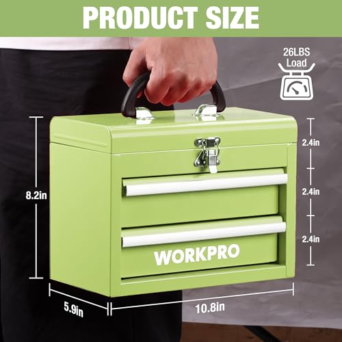 WORKPRO Portable Mini Tool Box, 2 Drawers Metal Tool Chest with Ball Bearing Slides, Top Storagewith Latch, Ergonomic Carrying Handle, Mechanic Toolbox with PVC Liners and PP Feet Pads - color: Macaron Green