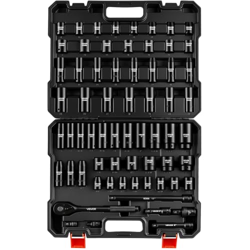 VEVOR 1/2" Drive Impact Socket Set, 65 Piece Socket Set SAE 3/8" to 1-1/4" and Metric 10-24mm, 6 Point Cr-V Alloy Steel for Auto Repair, Rugged Construction, Easy-to-Read Size Markings, Storage Case - style: 1/2" 65PCS