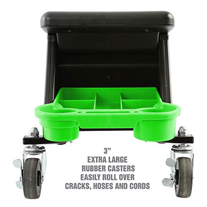 OEMTOOLS 24986 Heavy-Duty Rolling Workbench and Creeper Seat, Mechanics Stool with Wheels, Creepers, Shop Stools with Wheels, Automotive, Green and Black 300 LB Capacity | Molded Creeper Seat & Frame, 4 Multi-Purpose Cup Holders, Sliding Front Drawer for
