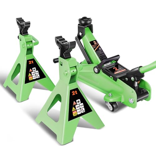 DNA MOTORING 2 Ton Car Jack and Stands Kit Green | 2T(4000 lbs) Capacity Low Profile Hydraulic Trolley Service/Floor Jack with 2 Ratchet Stands Combo for Home Garage Shop - color: Green