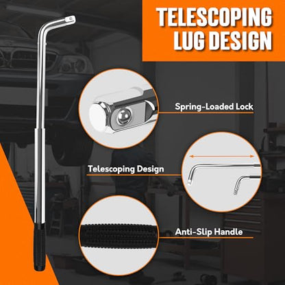 TONDA Telescoping Lug Wrench, Tire Iron Lug Nut Removal Tool 1/2 Drive with 17/19 and 21/23mm Sockets Storage Canvas Pouch for Car, Van, Truck - style: L-shaped