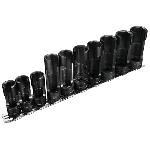 Performance Tool W84027 10 pc. 3/8-in. Dr. Flare Nut Socket Set for Tight Spaces: 10-19mm Sizes, Useful for Sensors, ABS, Master Cylinders, Chrome Vanadium Steel, Black Phosphorus Finish