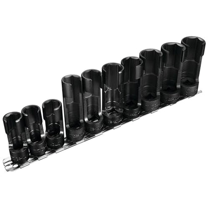 Performance Tool W84027 10 pc. 3/8-in. Dr. Flare Nut Socket Set for Tight Spaces: 10-19mm Sizes, Useful for Sensors, ABS, Master Cylinders, Chrome Vanadium Steel, Black Phosphorus Finish