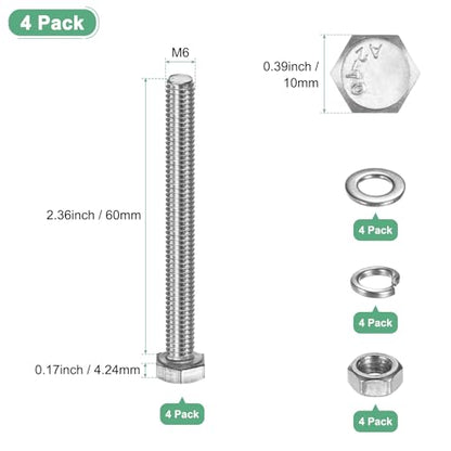 M METERXITY 4-Pack Hex Head Screw Bolt with Nuts Flat & Lock Washers M6x60mm Stainless Steel Bolts and Nuts Kit Fully Threaded Metric Bolt Assortment for Equipment/Machinery - size: M6 x 60mm