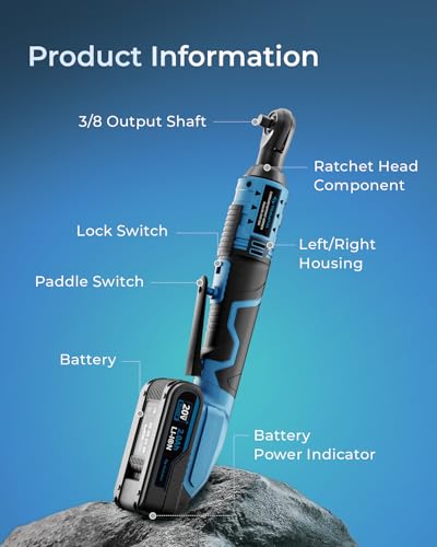 TILSWALL 20V Cordless Electric Ratchet Wrenches Set, 44.2Ft Power Ratchet Wrench 3/8", Includes 7 Sockets, 1-Pack 2.0Ah Lithium-Ion Battery, 1/4" Adapter, Fast Charger, for Professional & DIY User