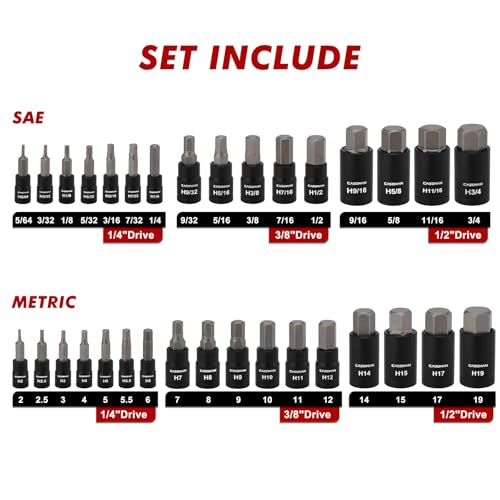 CASOMAN 71-Piece Master Hex & Torx Bit Socket Set, 1/4" & 3/8" & 1/2" Drive, Metric/SAE Hex Bit Sockets, Star Bit Sockets (T6 - T70), E-Torx Sockets (E4 - E24), with Storage Case - size: 66-Piece Torx & Hex Bit Socket Set