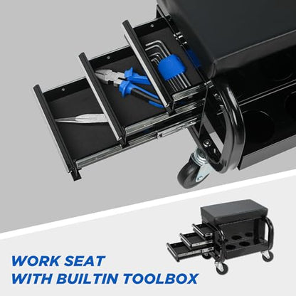 3-Drawer Rolling Mechanic Seat with Tool Chest, 350 lbs Weight Capacity, Reinforced Metal Powder-Coated Finish, Black, with Swivel Casters and Removable Storage Tray (Side drawer) - style: Side drawer