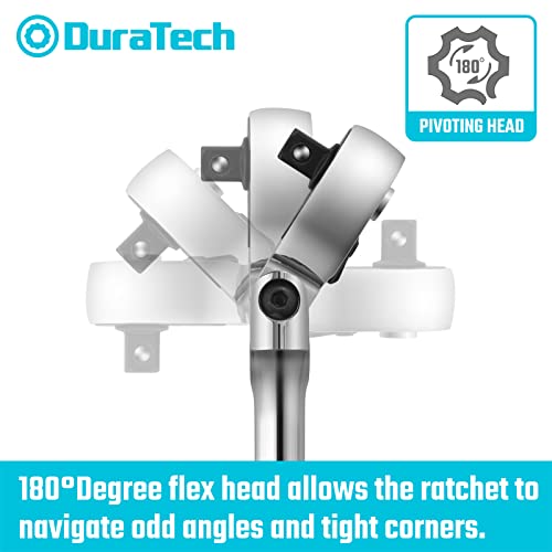 DURATECH 3-Piece Flex-Head Ratchet Set, 1/4", 3/8", 1/2" Drive | 72-Tooth, Quick-Release Reversible Design, Chrome Alloy Made, Fully Polished, Organized in Storage Case - size: 1/4", 3/8", 1/2" Drive