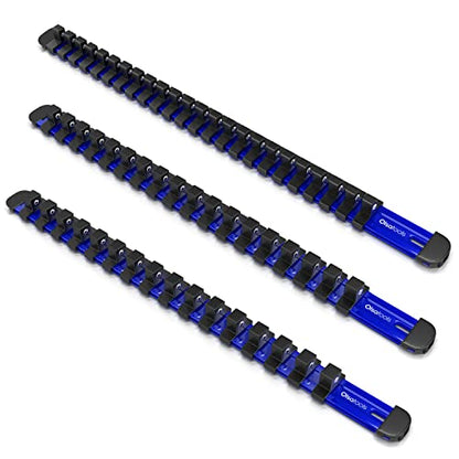 Olsa Tools 3-Piece Aluminum Socket Organizer with Locking End Caps | 1/4-Inch, 3/8-Inch, 1/2-Inch Drive x 24, 18, 16 Clips | Professional Quality Socket Holder (Blue) - color: Blue, size: 3pc, 1/4, 3/8, & 1/2-Inch Drive