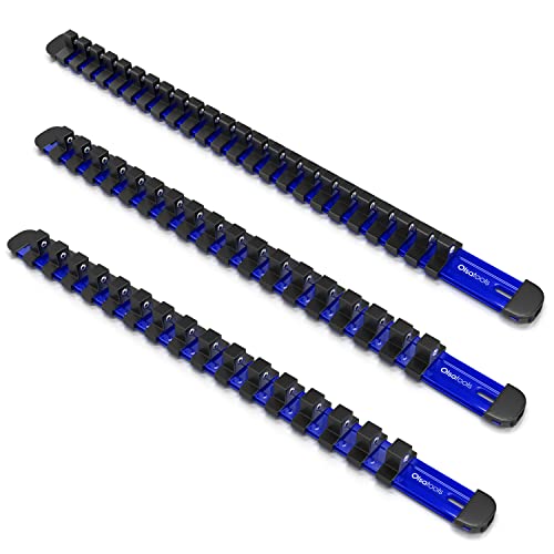 Olsa Tools 3-Piece Aluminum Socket Organizer with Locking End Caps | 1/4-Inch, 3/8-Inch, 1/2-Inch Drive x 24, 18, 16 Clips | Professional Quality Socket Holder (Blue) - color: Blue, size: 3pc, 1/4, 3/8, & 1/2-Inch Drive