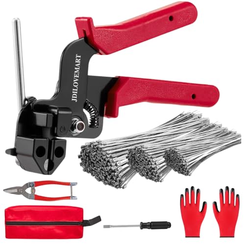 155PCS Heavy Duty 304 Stainless Steel Cable Tie Gun Kit, Includes 150PCS Metal Zip Ties(3 Sizes), Self-Locking, UV & Corrosion Resistant, for Fence, Exhaust Pipe, Chicken Coop, Farm Use (Red)