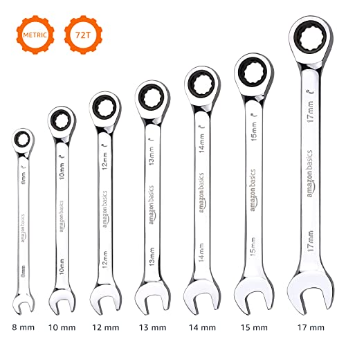 Amazon Basics Metric Ratcheting Combination Wrench Set, 7-Piece, Chrome Vanadium Steel, 72-Tooth, 8mm, 10mm, 12mm, 13mm, 14mm, 15mm, 17mm (Pack of 12) - color: Chrome, size: 7 Piece (Pack of 12)