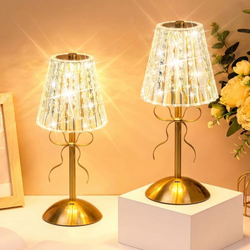 Liliful 2 Pcs Cordless Table Lamp Rechargeable Touch LED Small Gold Portable Battery Operated USB-c Desk Lamp 3 Color Dimmable for Bedroom Living Room Dining (Gold,Classic Style Bow) - color: Classic Style Bow, size: Gold