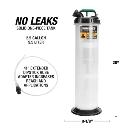 OEMTOOLS Manual Fluid Extractor Pump, 9.5L Oil Extractor Pump, 5ft Hose | 41" Extended Dipstick Hose Adapters, Oversized Handle, Overflow Shutoff Valve, Leak Proof Bottom for Low Viscosity Fluids - size: 9.5 Liter