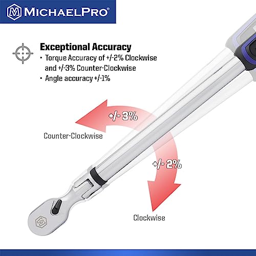MichaelPro 1/2 Flex Head Digital Torque Wrench with Angle Function, 25 to 250 ft-lbs (34 to 340 Nm), Target Torque Multi-Alert System, 10 Available Presets | MP001227