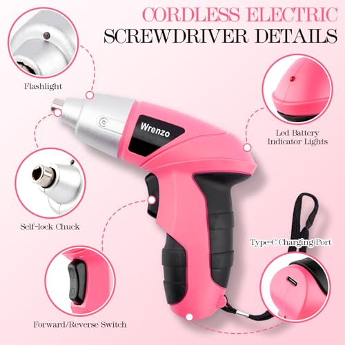 Drill Set,Cordless Drill,Small Tool Kit,112pc 3.6V USB Tool Set,Tool Kit for Dorm,Cordless & Rechargeable,Pink Home Toolbox for Women,DIY Toolbox