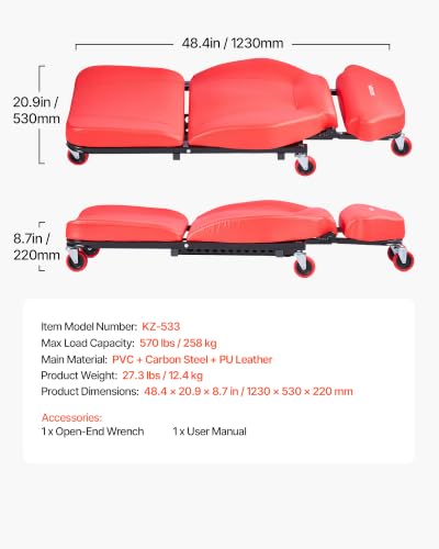 VEVOR 48.4 in 2-in-1 Mechanic Creeper, Adjustable Backrest Garage Creeper Seat, 570 lbs Under Car Rolling Chair with 6 Swivel Casters, Padded Headrest for Auto Repair - color: 44 inch