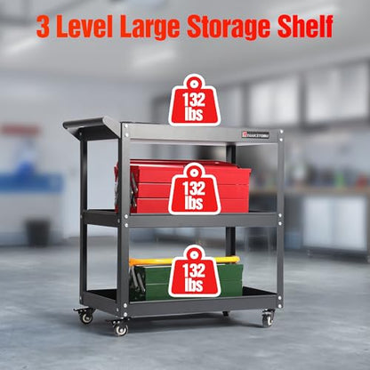 3 Tier Heavy Duty Rolling Tool Cart, Industrial Steel Service Cart for Garage, Workshop, Warehouse, 330LBS Capacity, Black Mechanics Tool Trolley with Wheels and Handle
